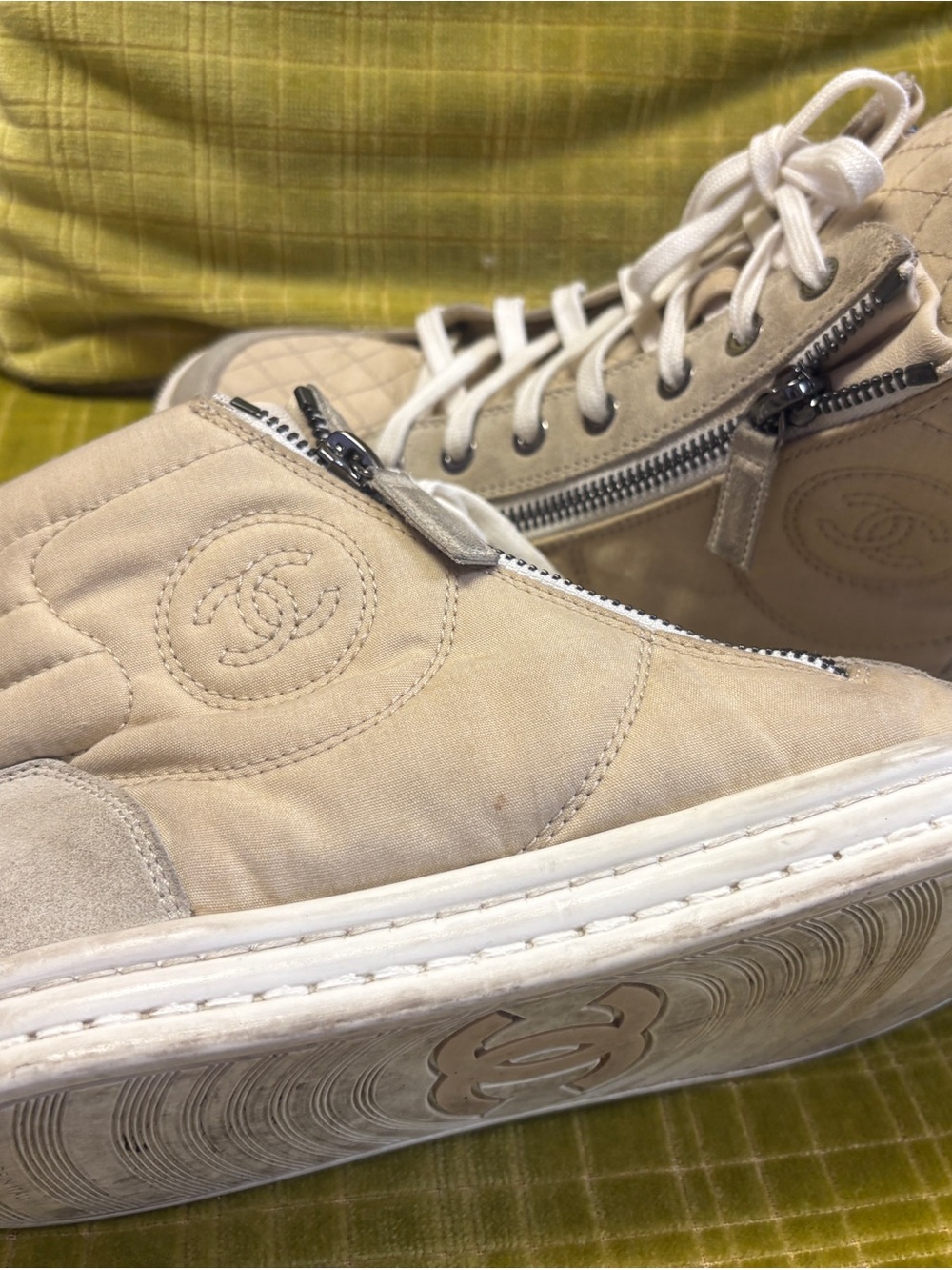 CHANEL Beige Quilted High-Top Sneakers with CC Logo